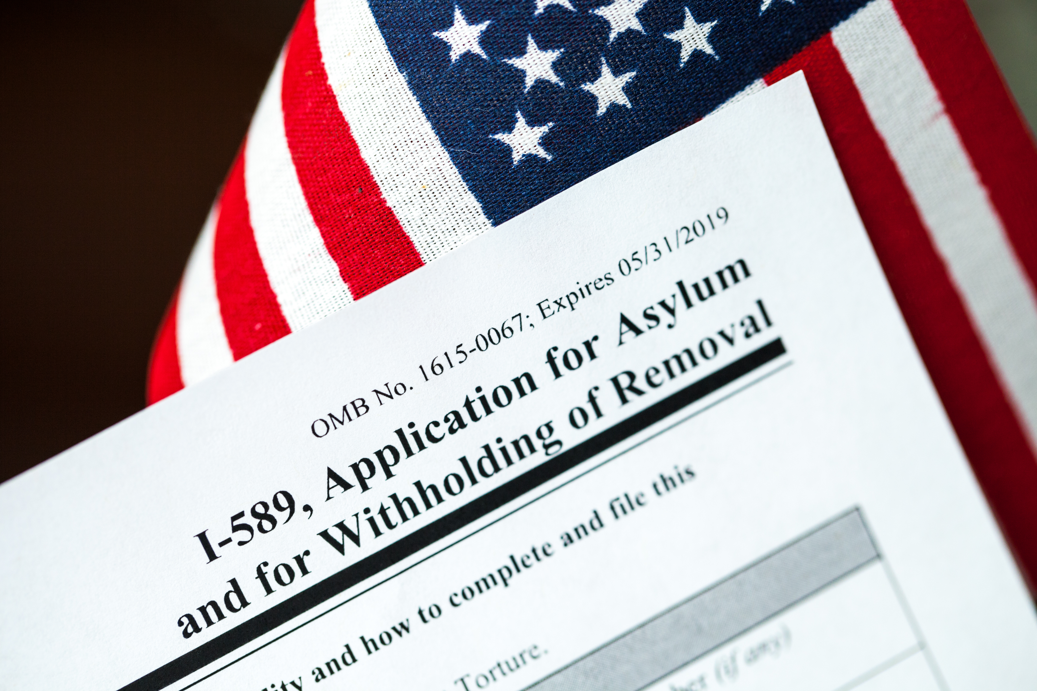 Application for asylum with American flag in the background